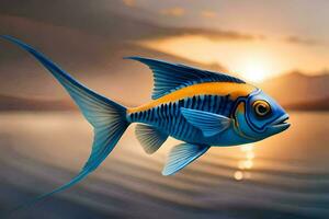 a fish with blue and yellow stripes is shown in the sunset. AI-Generated photo