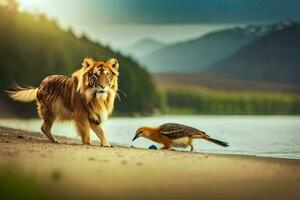 a tiger and a bird standing on the shore of a lake. AI-Generated photo