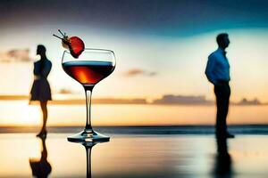 un Pareja en pie en el playa con un cóctel. generado por ai foto