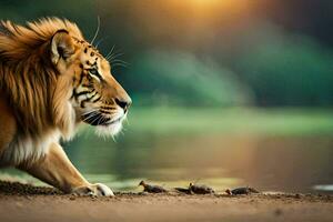 un Tigre caminando en el suelo cerca un lago. generado por ai foto