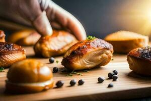 a person is holding a piece of meat on a cutting board. AI-Generated photo