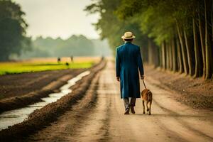 un hombre en un azul Saco y sombrero caminando su perro abajo un suciedad la carretera. generado por ai foto