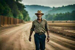 un hombre en un sombrero camina abajo un suciedad la carretera. generado por ai foto