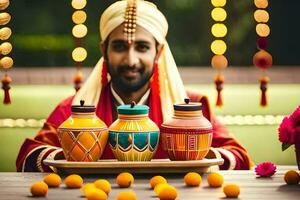 a man in traditional indian attire sits in front of three colorful pots. AI-Generated photo