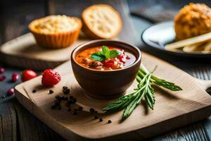 chile sopa en un cuenco en un de madera mesa. generado por ai foto