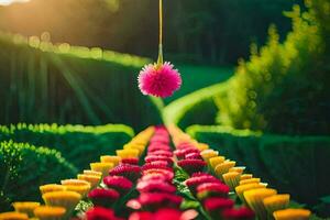 a pink ball hanging from a tree in a field. AI-Generated photo