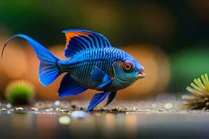 a blue fish with orange fins and a green plant. AI-Generated photo