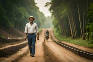 a man walking down a dirt road with a horse. AI-Generated photo