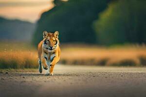 a tiger walking across a road in the middle of the night. AI-Generated photo