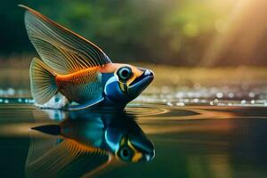 a fish with a bright orange and black body is floating in water. AI-Generated photo