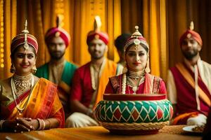 un novia y novio en tradicional indio atuendo. generado por ai foto