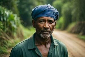 a man in a turban on a dirt road. AI-Generated photo