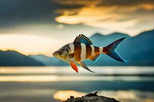 un pescado es volador terminado un lago a puesta de sol. generado por ai foto