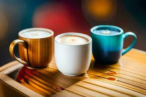 Tres café tazas en un de madera mesa. generado por ai foto