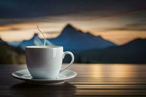 un taza de café en un de madera mesa con montañas en el antecedentes. generado por ai foto