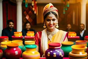 a woman in traditional indian attire is smiling while holding colorful pots. AI-Generated photo