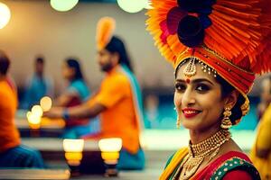 un mujer en un indio disfraz con un grande tocado. generado por ai foto