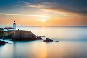 un faro se sienta en parte superior de un rock en el océano. generado por ai foto