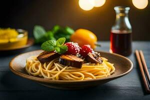 spaghetti with mushrooms and tomatoes in a bowl. AI-Generated photo