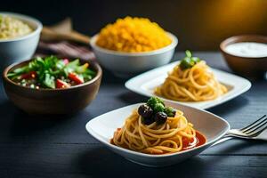 spaghetti and other dishes on a table. AI-Generated photo