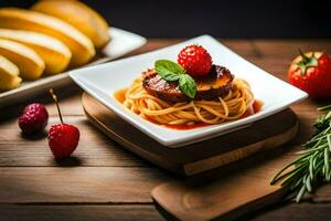 spaghetti with meat and tomato sauce on a wooden table. AI-Generated photo