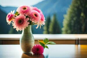 pink flowers in a vase on a table with mountains in the background. AI-Generated photo