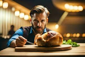 un hombre es participación un cuchillo y tenedor mientras sentado a un mesa con un pavo. generado por ai foto