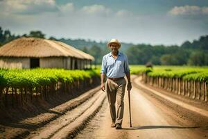 a man walking down a dirt road with a cane. AI-Generated photo