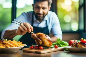 a man is eating a chicken with french fries and tomatoes. AI-Generated photo