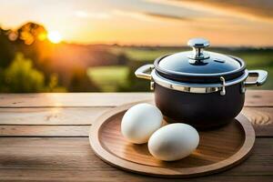 huevos en un de madera bandeja con un maceta en el mesa. generado por ai foto