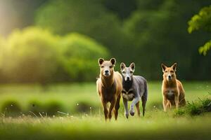 Tres perros corriendo en el césped. generado por ai foto