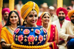 un mujer en un turbante participación un grande maceta. generado por ai foto