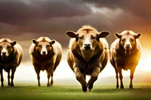 un grupo de vacas caminando en un campo. generado por ai foto