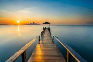 a pier stretching out into the ocean at sunset. AI-Generated photo