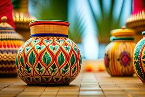 colorful vases are lined up on a wooden floor. AI-Generated photo