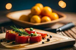 a wooden cutting board with sliced watermelon and herbs. AI-Generated photo