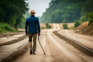 a man in a suit and hat walking down a dirt road. AI-Generated photo