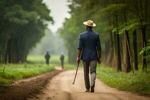 a man in a suit and hat walking down a dirt road. AI-Generated photo