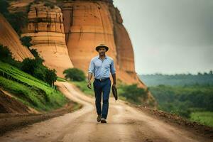 a man in a hat and blue shirt walking down a dirt road. AI-Generated photo