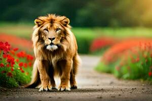 un león caminando abajo un la carretera con rojo flores generado por ai foto