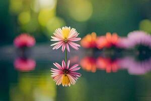 un flor es reflejado en el agua. generado por ai foto