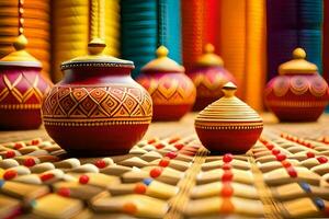 colorful pots and vases sit on a table. AI-Generated photo