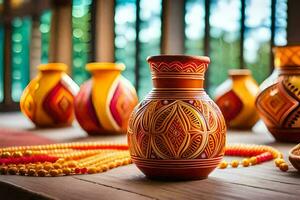 many colorful vases are sitting on a table. AI-Generated photo