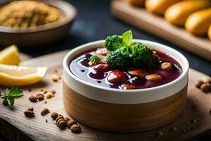 a bowl of soup with broccoli and nuts on a wooden cutting board. AI-Generated photo
