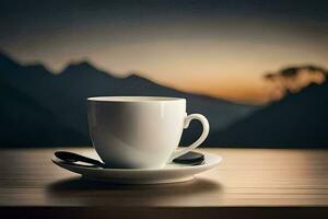 a cup of coffee on a table with mountains in the background. AI-Generated photo