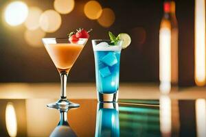 two cocktails on a table with a blurry background. AI-Generated photo
