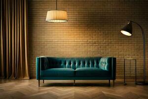 a blue couch in front of a brick wall. AI-Generated photo