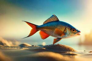 pescado en el playa a puesta de sol. generado por ai foto