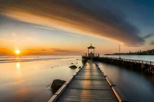 a pier at sunset with a lighthouse in the background. AI-Generated photo