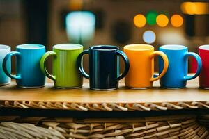 a row of colorful coffee mugs on a wooden table. AI-Generated photo